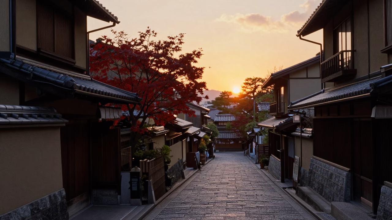 Evening Street Scene in Kyoto Japan with Japanese Maple and Traditional Lanterns in in Kyoto, Japan