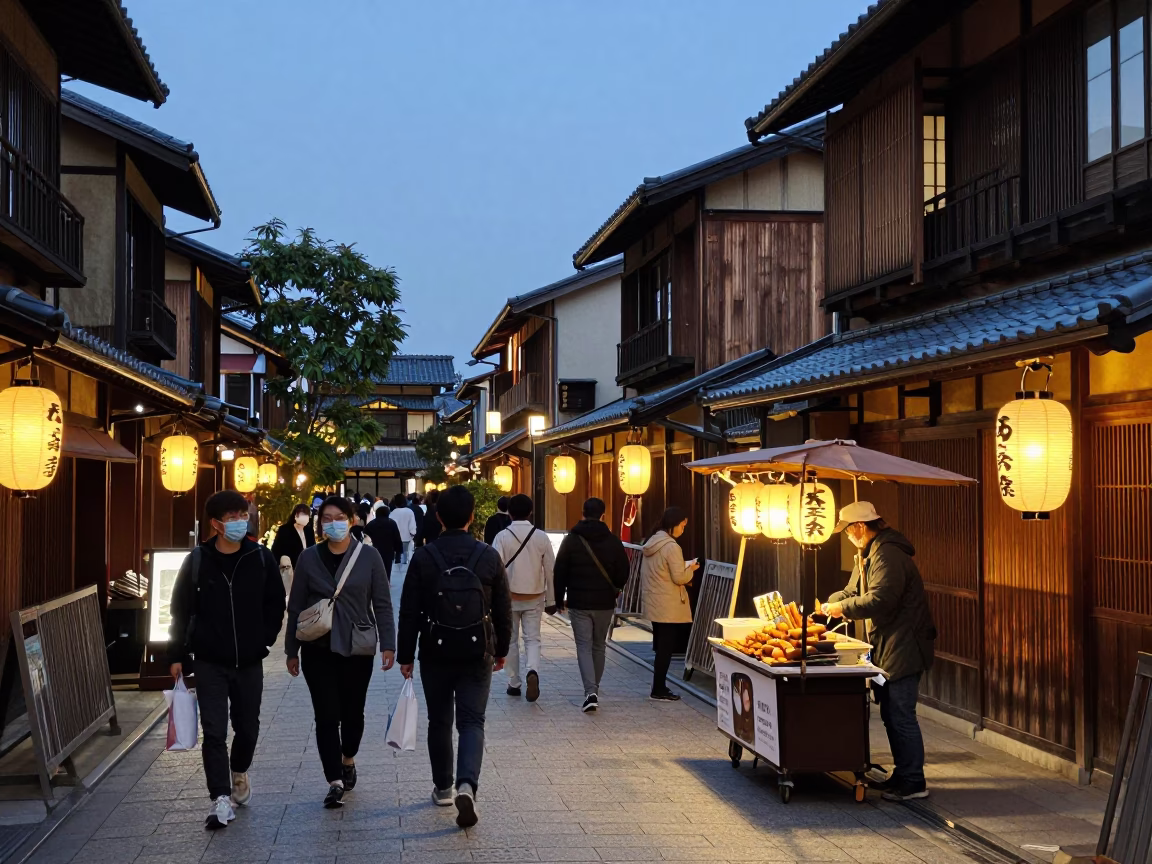 Evening Street Scene in Kyoto Japan with Lanterns and Pedestrians in in Kyoto, Japan