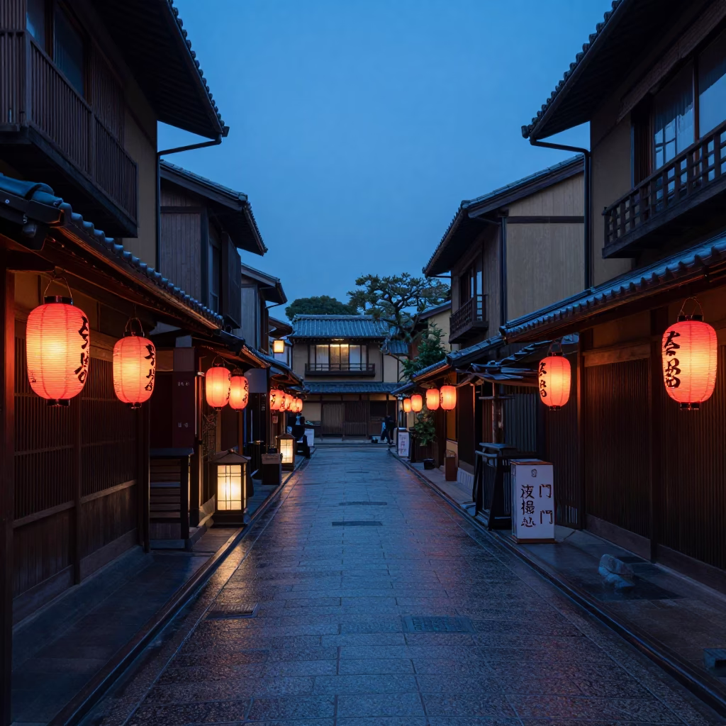Evening Street Scene in Kyoto Japan with Lanterns and Traditional Architecture in in Kyoto, Japan