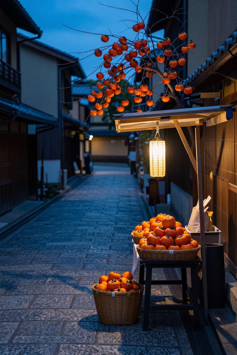 Evening Street Scene in Kyoto Japan with Persimmons and Wicker Shadows in in Kyoto, Japan