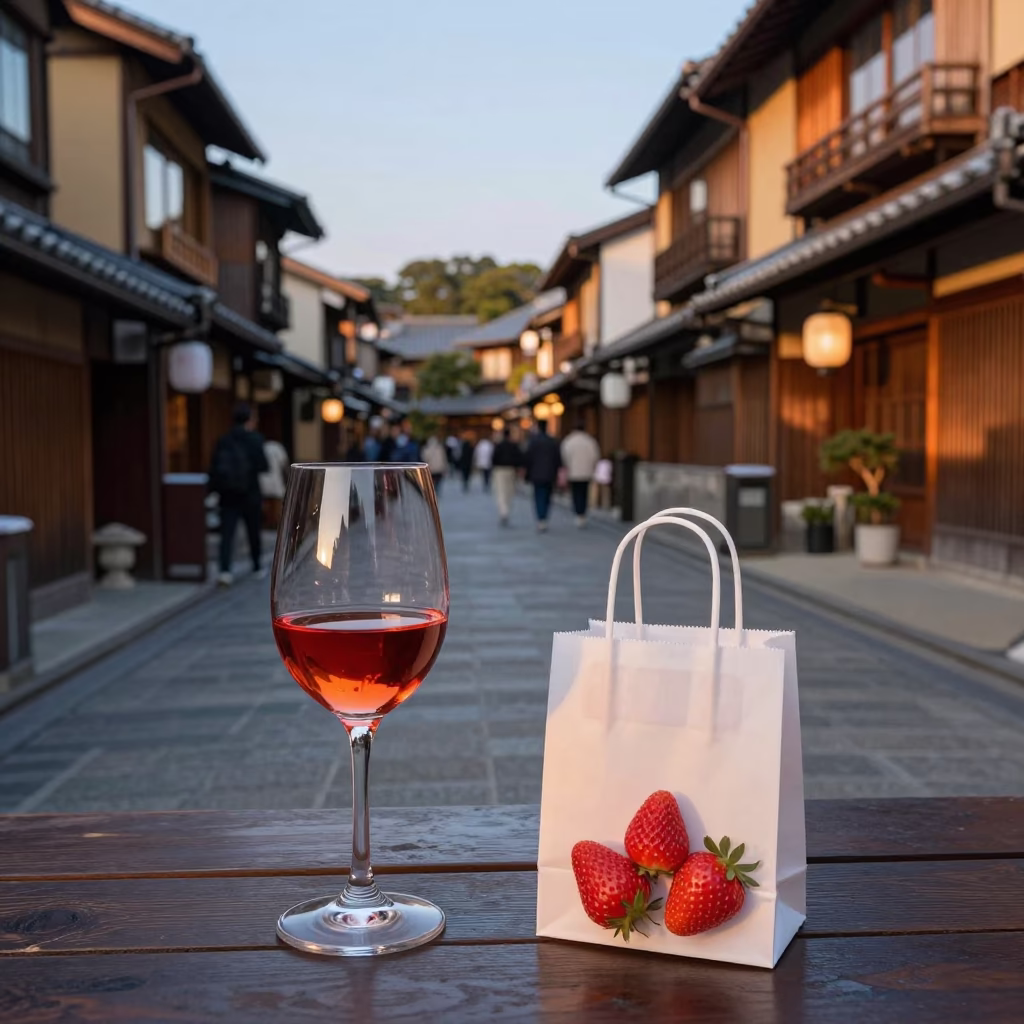 Evening Street Scene in Kyoto Japan with Red Wine Glass and Strawberries in in Kyoto, Japan