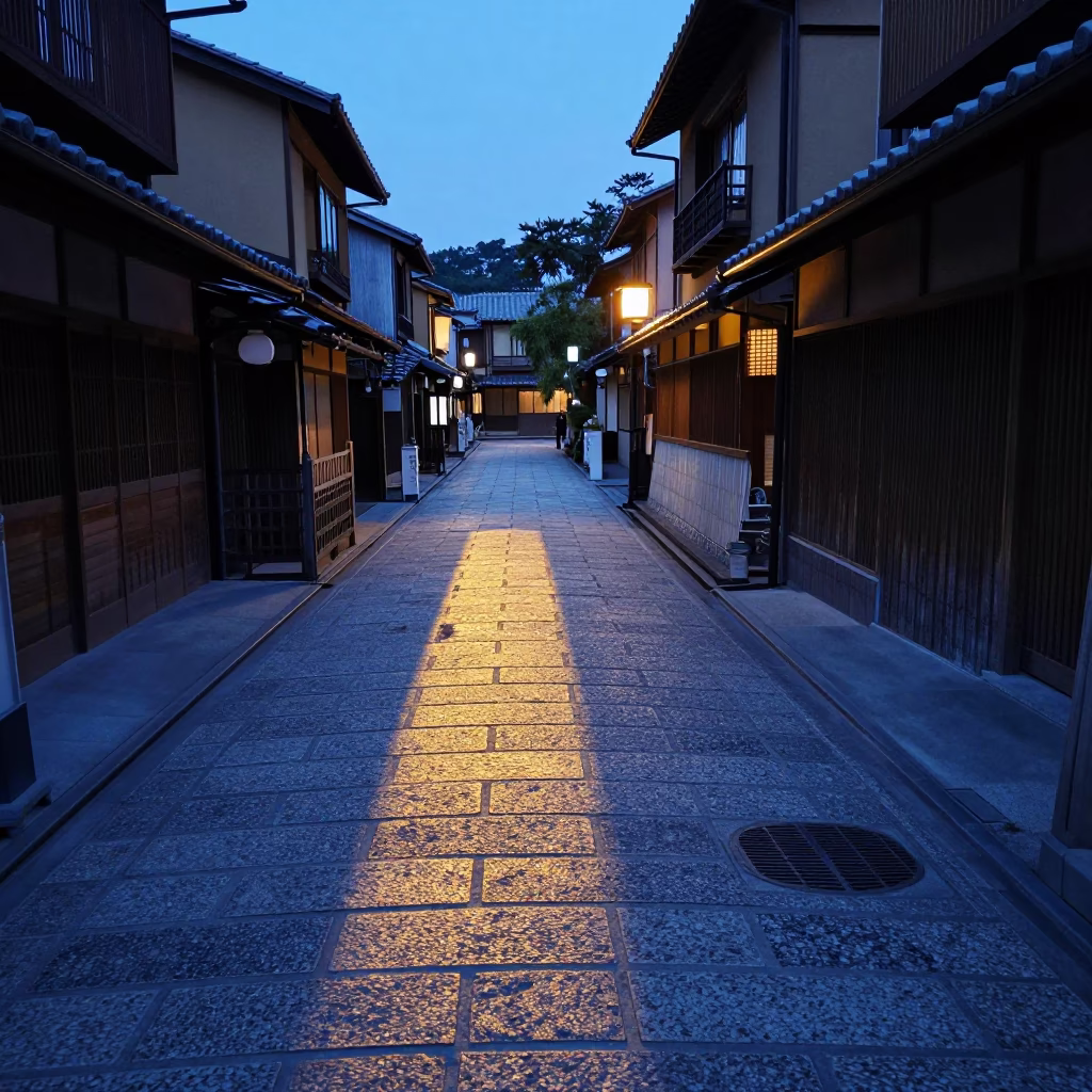 Evening Street Scene in Kyoto Japan with Sun Stripes and Wicker Basket in in Kyoto, Japan
