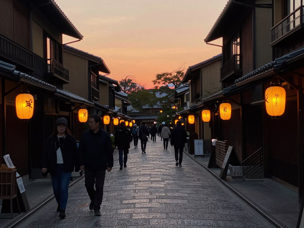 Evening Street Scene in Kyoto Japan with Traditional Lanterns and Pedestrians in in Kyoto, Japan