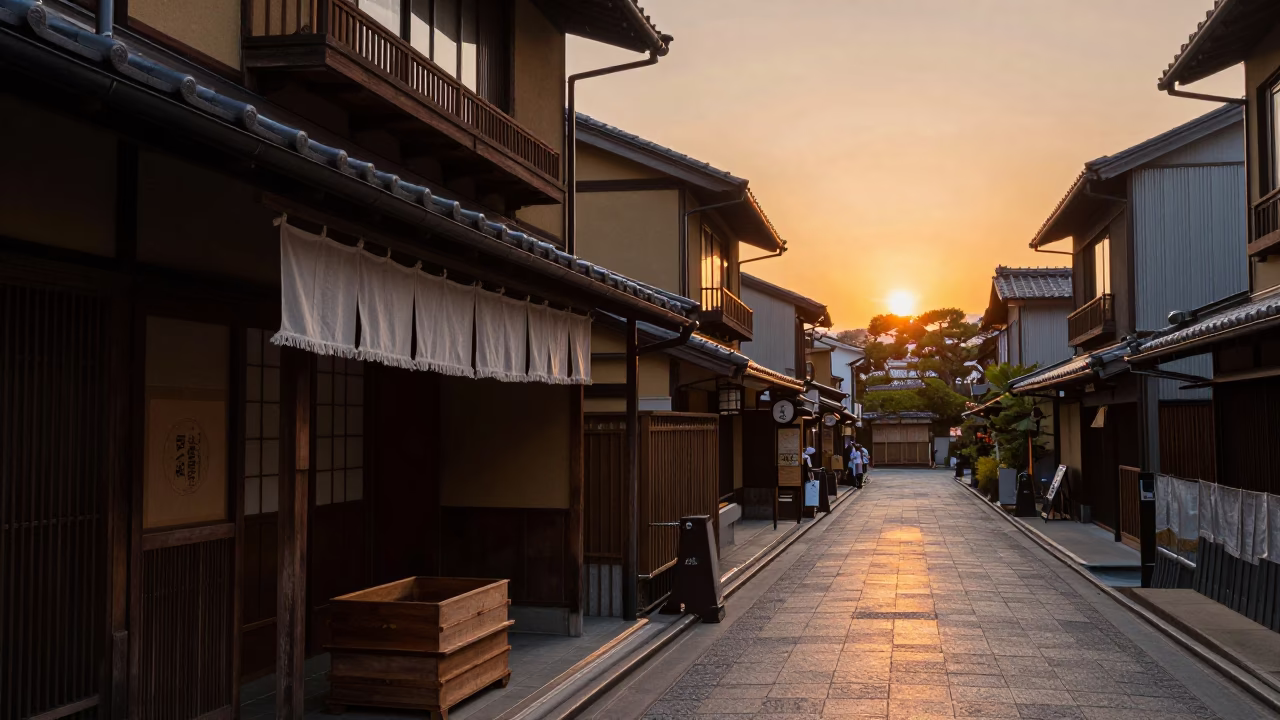 Evening Street Scene in Kyoto Japan with Traditional Wooden Eaves and Hanging Linen Fringe in in Kyoto, Japan