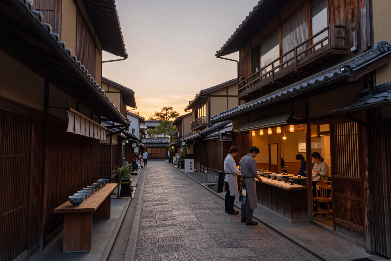 Evening Street Scene in Kyoto Japan with Traditional Wooden Shopfronts and Warm Sunset Light in in Kyoto, Japan