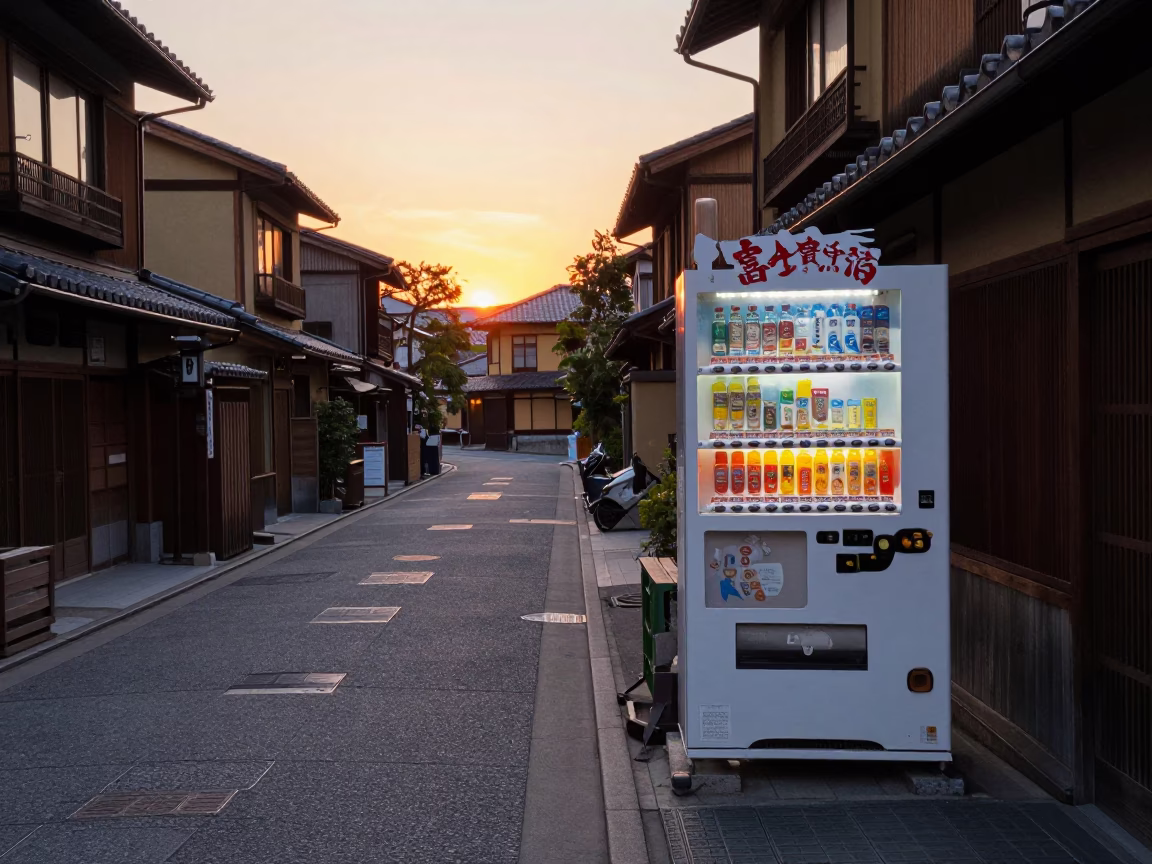Evening Street Scene in Kyoto Japan with Vintage Vending Machine and Local Passersby in in Kyoto, Japan