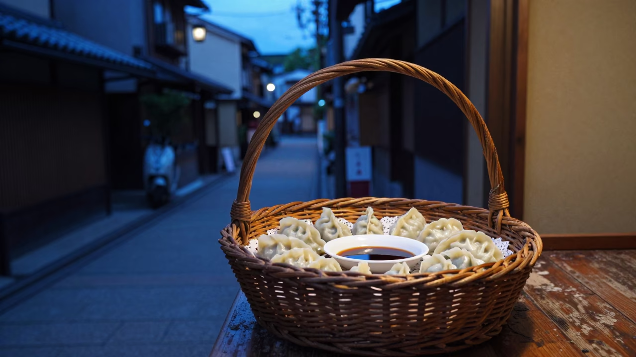 Evening Street Scene in Kyoto Japan with Wicker Basket and Mandu Dumplings in in Kyoto, Japan