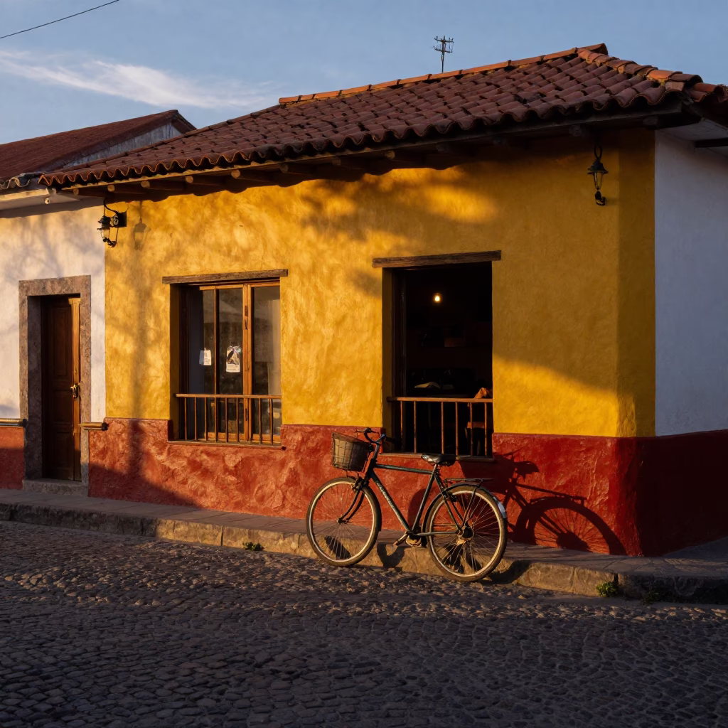 Evening Street Scene in La Paz Bolivia with Bicycle Leaning Against Colorful Cafe Wall in in La Paz, Bolivia