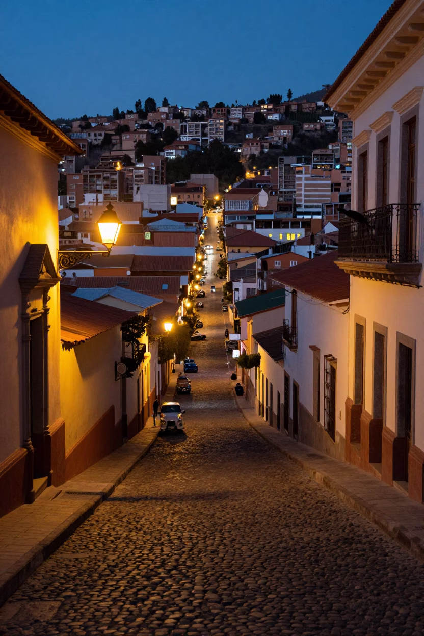 Evening Street Scene in La Paz Bolivia with City Lights and Local Details in in La Paz, Bolivia