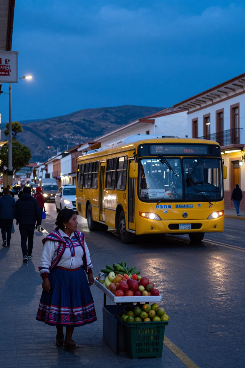 Evening Street Scene in La Paz Bolivia with Colorful Bus and Andean Architecture in in La Paz, Bolivia