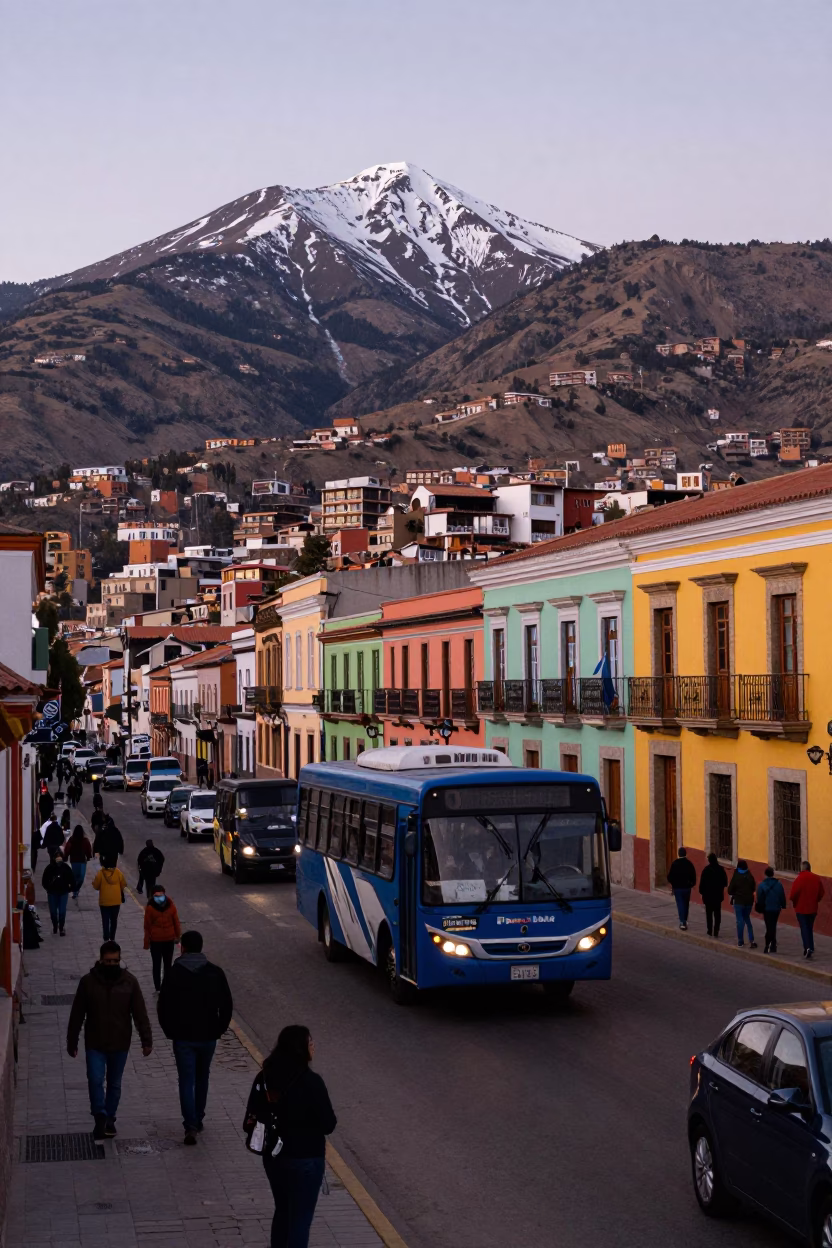 Evening Street Scene in La Paz Bolivia with Colorful Bus and Mountain Backdrop in in La Paz, Bolivia