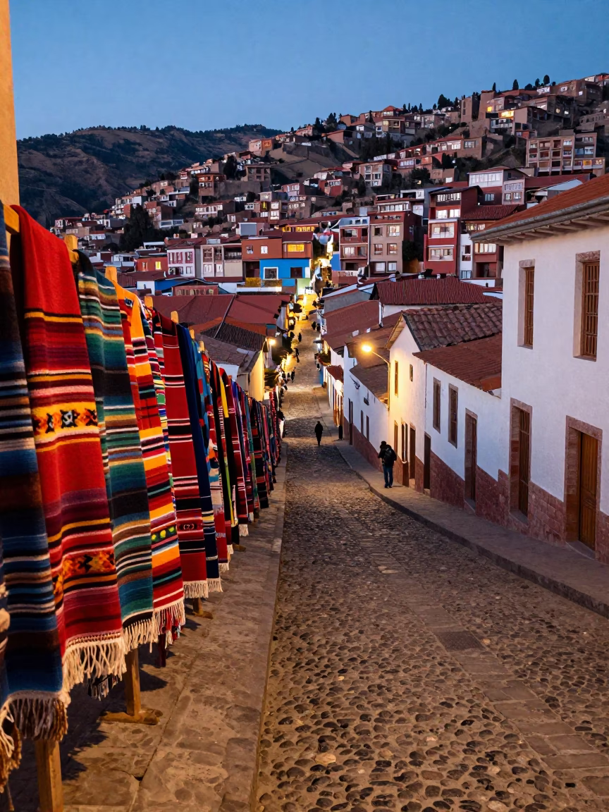 Evening street scene in La Paz Bolivia with colorful textiles and urban backdrop in in La Paz, Bolivia