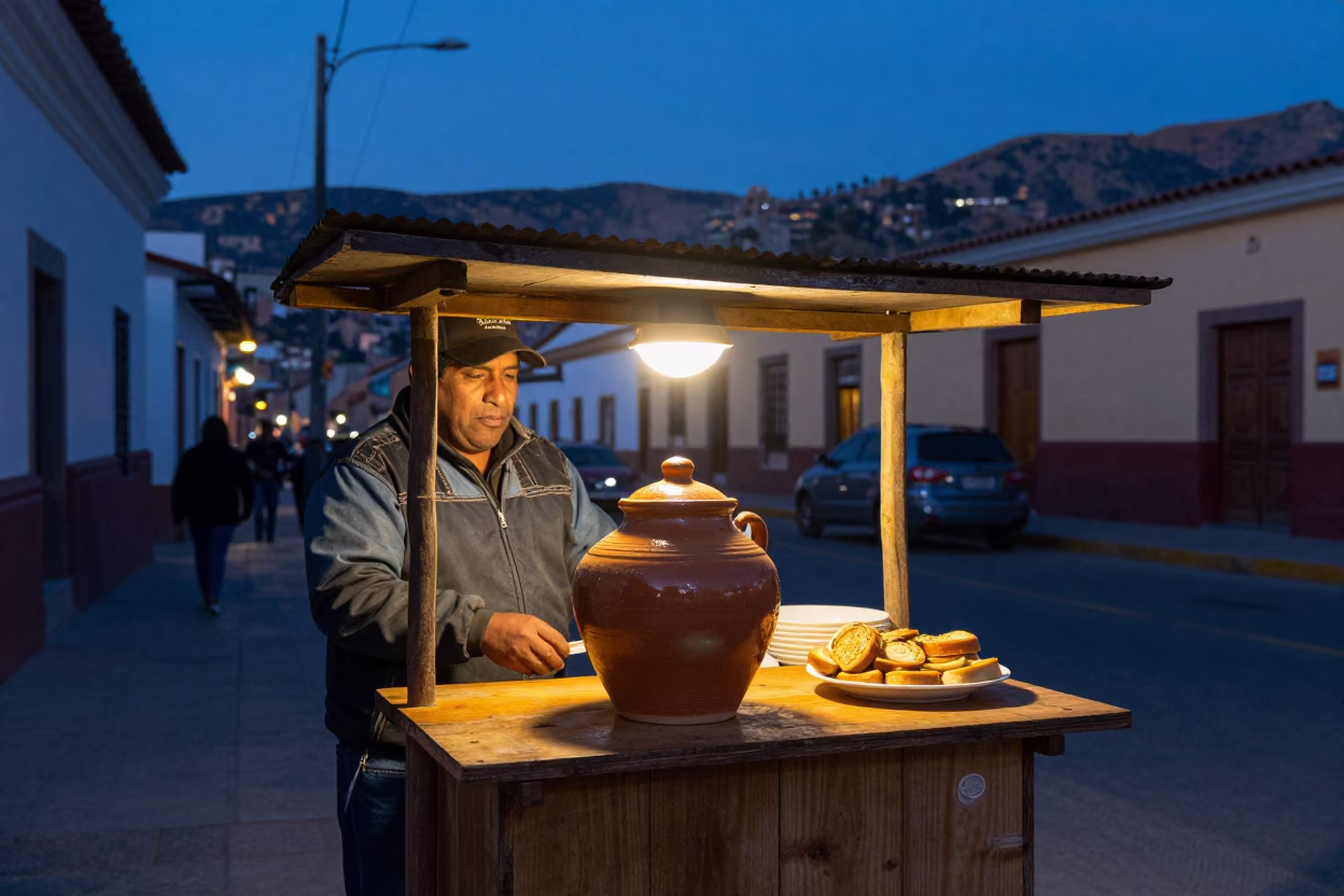 Evening Street Scene in La Paz Bolivia with Jar and Food on Table in in La Paz, Bolivia