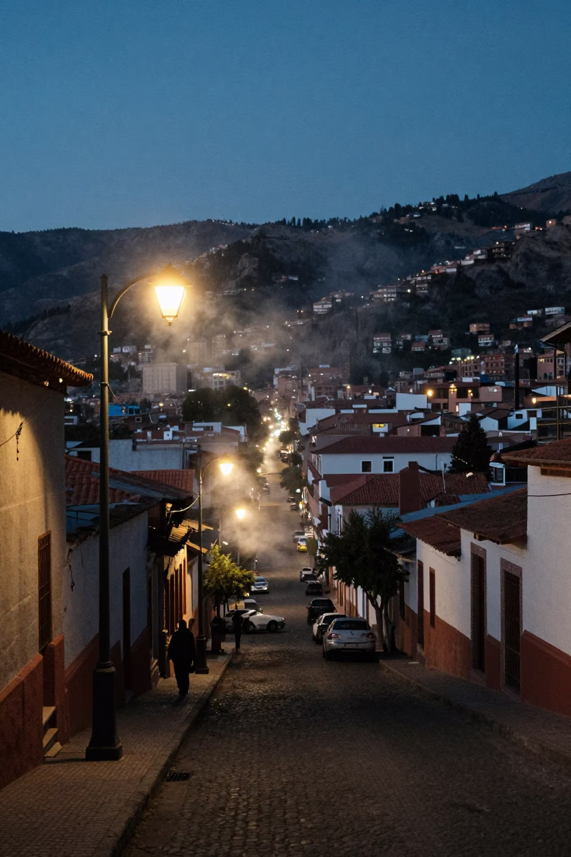 Evening Street Scene in La Paz Bolivia with Lantern and Steam Haze in in La Paz, Bolivia