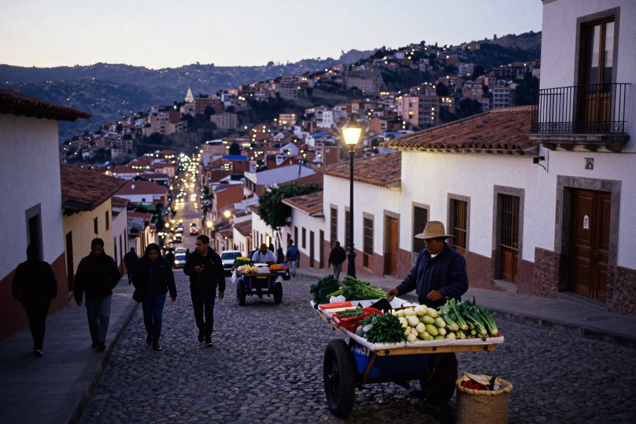 Evening street scene in La Paz Bolivia with local vendors and city lights in in La Paz, Bolivia