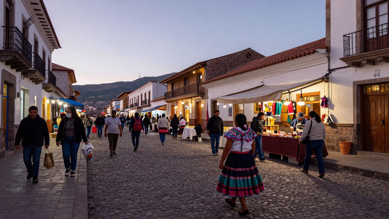 Evening street scene in La Paz Bolivia with pedestrians and traditional market goods in in La Paz, Bolivia