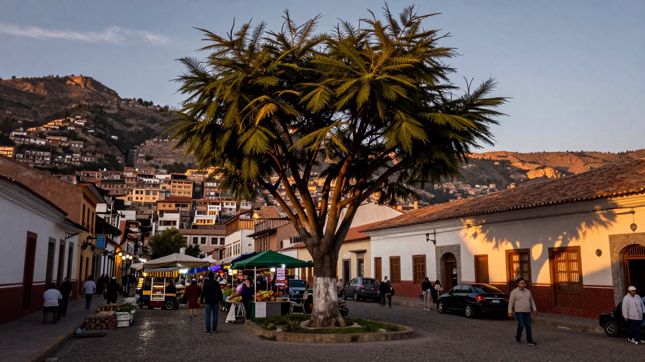 Evening Street Scene in La Paz Bolivia with Tamarind Tree and Market Stall in in La Paz, Bolivia