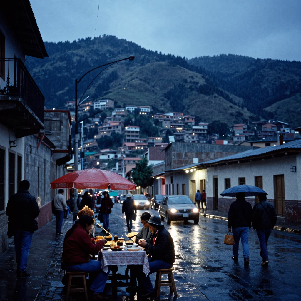 Evening Street Scene in La Paz Bolivia with Traditional Food and Rain Gear in in La Paz, Bolivia