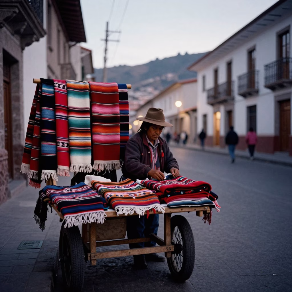 Evening Street Scene in La Paz Bolivia with Vendor and Colorful Textiles in in La Paz, Bolivia