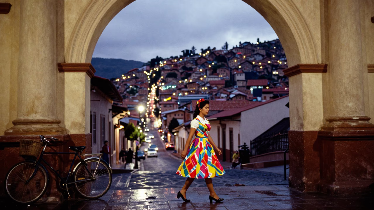 Evening Street Scene in La Paz Bolivia with Vintage 1950s Fashion and Urban Details in in La Paz, Bolivia