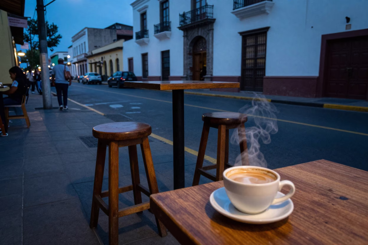 Evening Street Scene in Lima Peru with Bar Stools and Chai Cup in in Lima, Peru