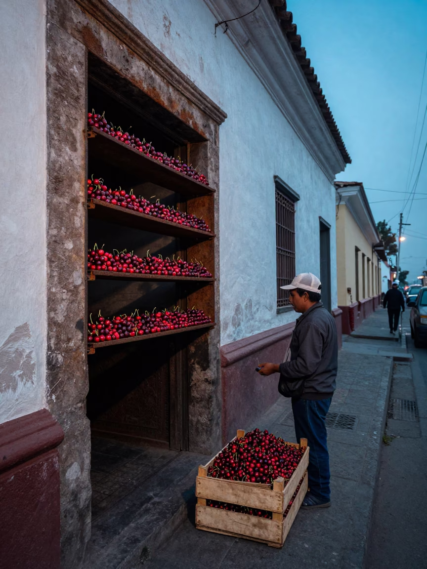Evening Street Scene in Lima Peru with Cherries and Rusty Shelf Bracket in in Lima, Peru