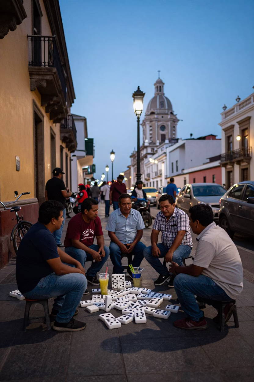 Evening Street Scene in Lima Peru with Dominoes and Sugarcane Juice in in Lima, Peru