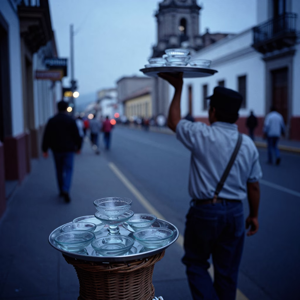 Evening Street Scene in Lima Peru with Glass Saucer and Wicker Shadow in in Lima, Peru