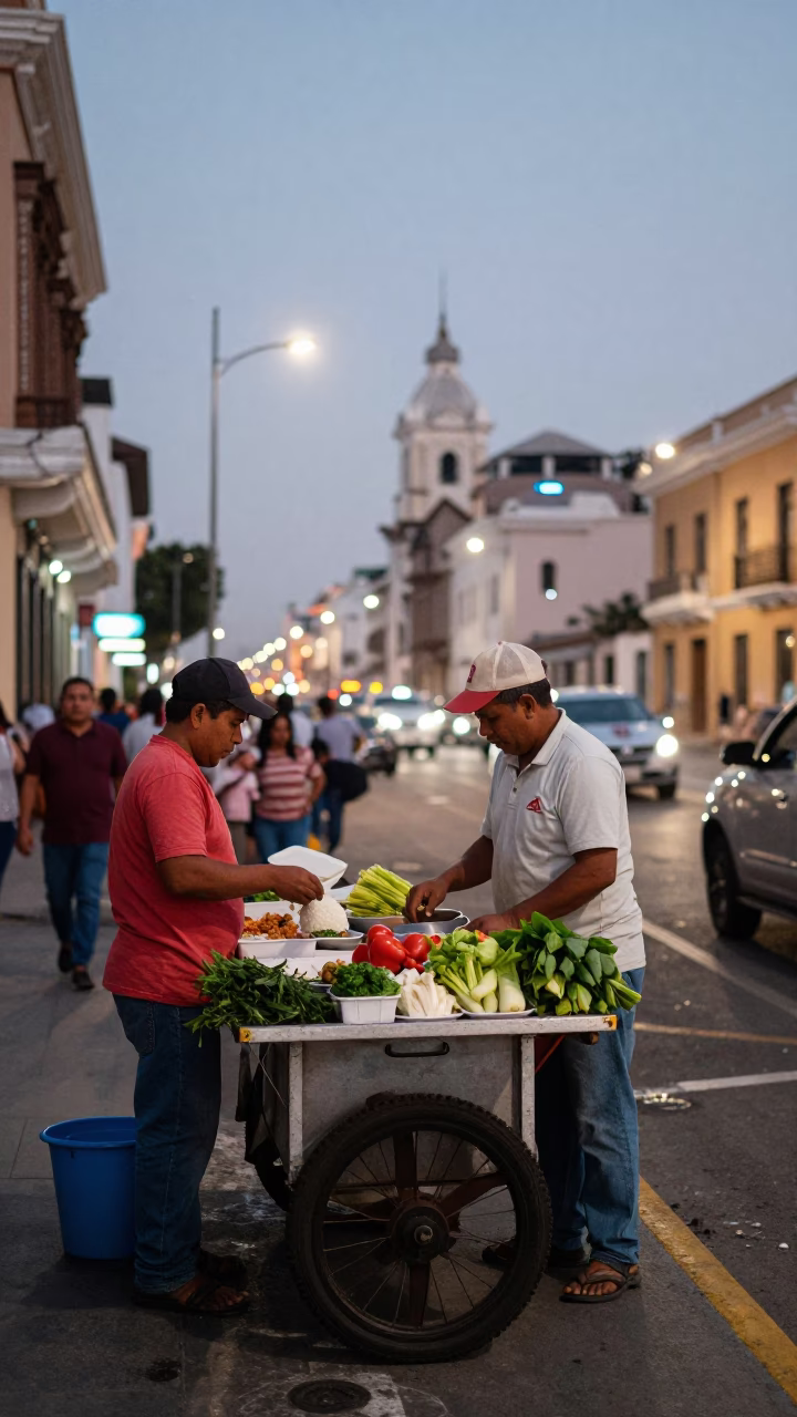 Evening Street Scene in Lima Peru with Local Vendor and City Lights in in Lima, Peru