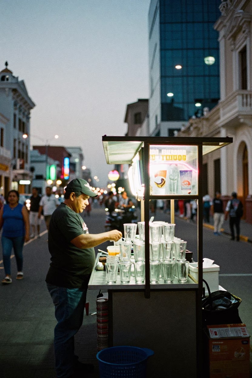 Evening Street Scene in Lima Peru with Neon Signs and Glass Tumblers in in Lima, Peru