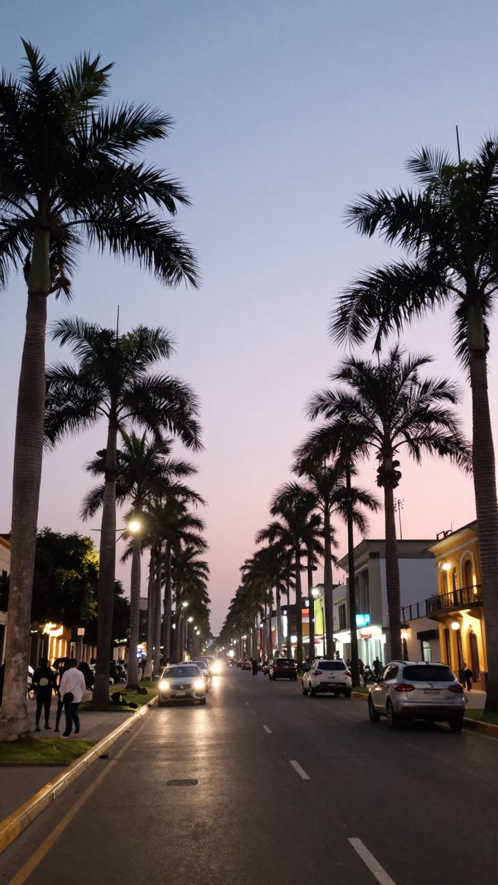 Evening street scene in Lima Peru with palm tree avenue and vintage 1980s atmosphere in in Lima, Peru