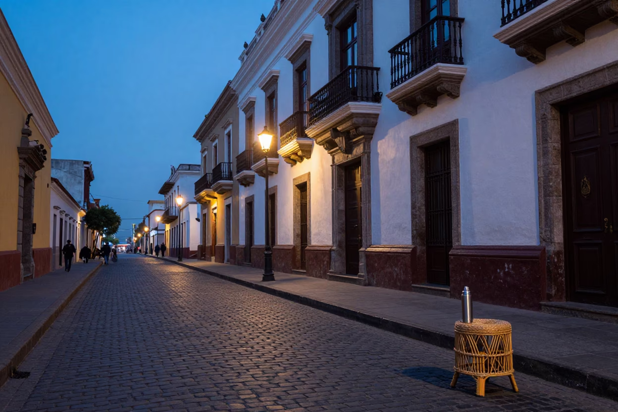 Evening Street Scene in Lima Peru with Thermos and Rattan Stool in in Lima, Peru