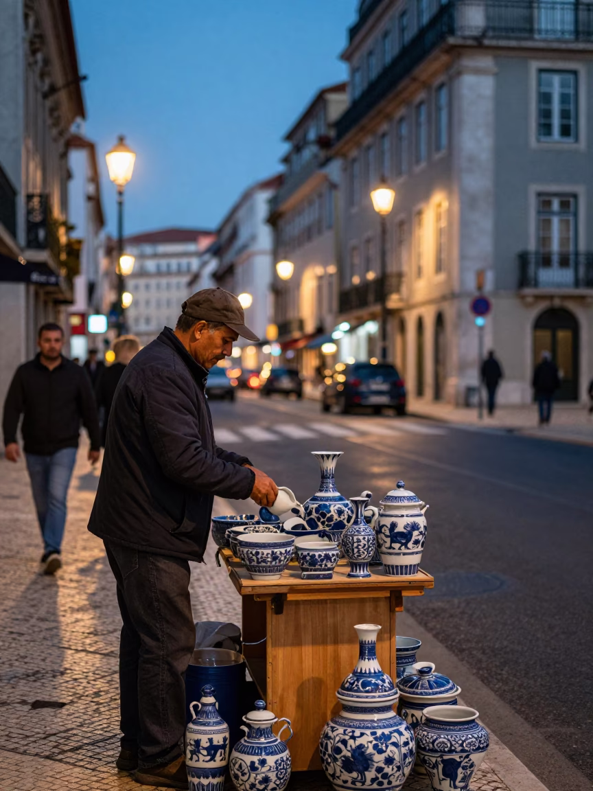 Evening Street Scene in Lisbon Portugal with Blue and White Porcelain and Brass Fixtures in in Lisbon, Portugal