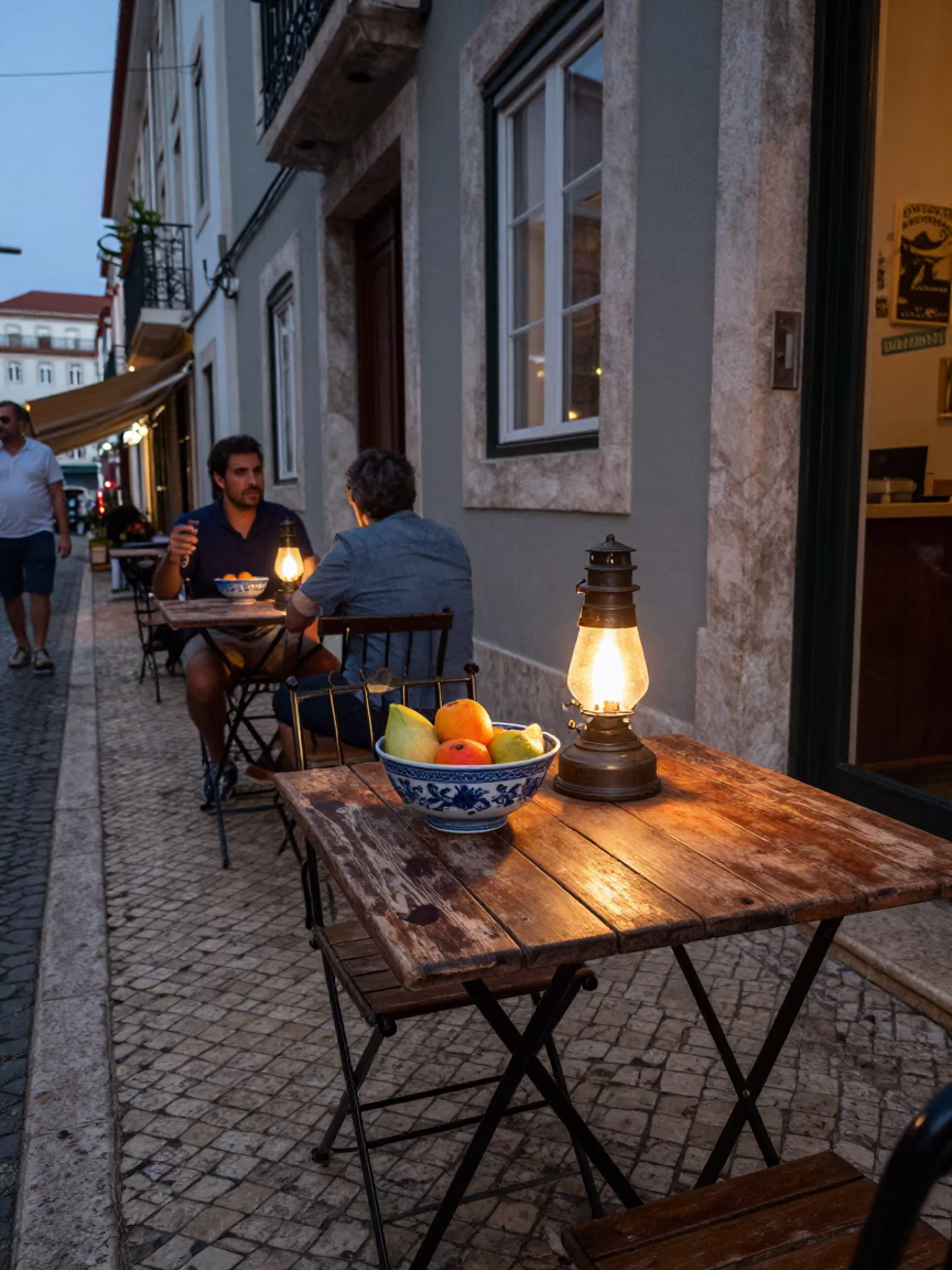 Evening Street Scene in Lisbon Portugal with Blue White Porcelain and Hurricane Lamp in in Lisbon, Portugal