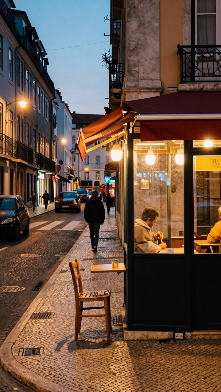 Evening Street Scene in Lisbon Portugal with Chair and Substation Glow in in Lisbon, Portugal