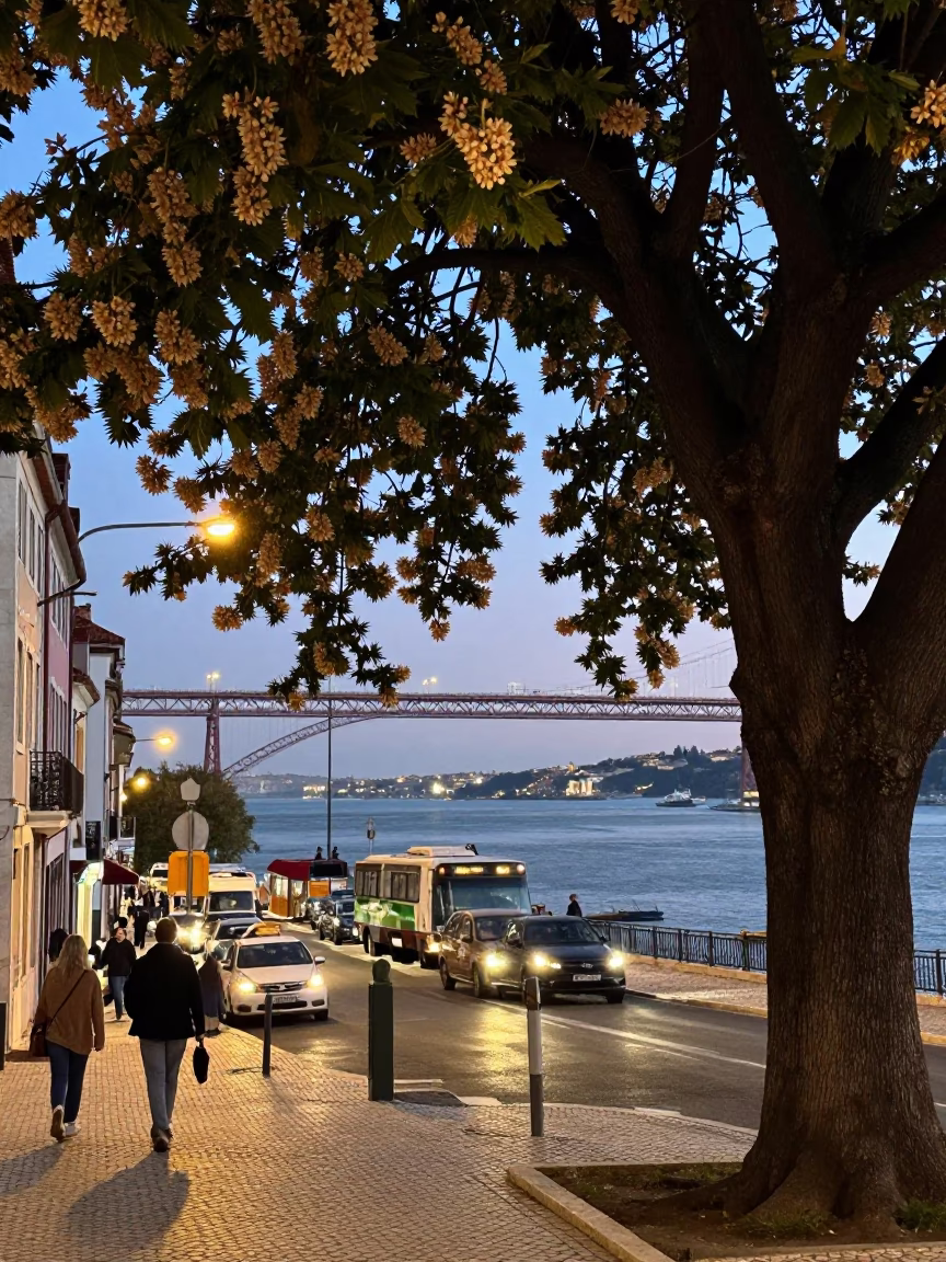 Evening Street Scene in Lisbon Portugal with Chestnut Tree and Bridge Maintenance in in Lisbon, Portugal