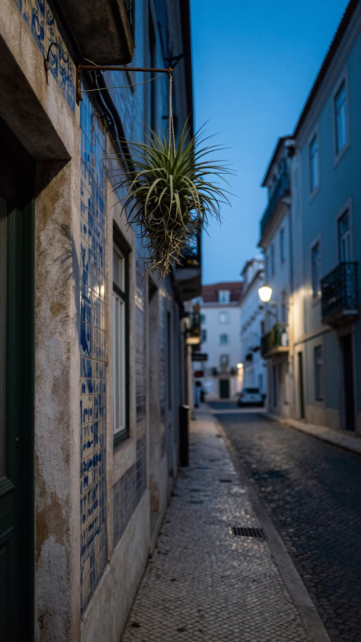 Evening Street Scene in Lisbon Portugal with Hanging Air Plant and Warm Lamp Light in in Lisbon, Portugal