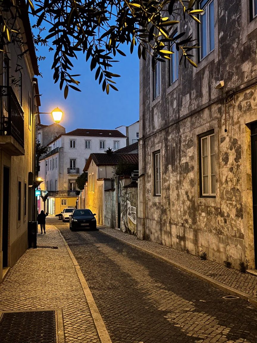 Evening Street Scene in Lisbon Portugal with Olive Branch and Glass Bottles in in Lisbon, Portugal