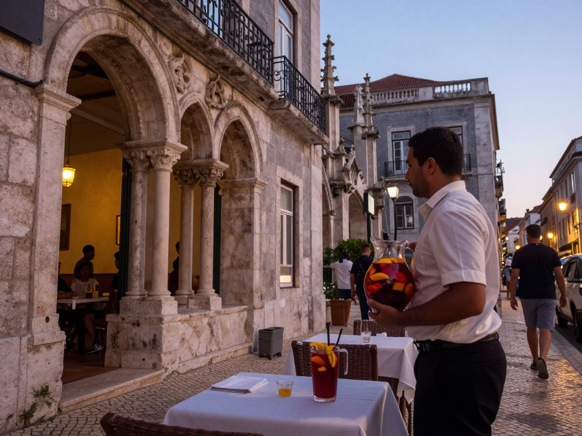 Evening Street Scene in Lisbon Portugal with Stone Cloister and Sangria Jug in in Lisbon, Portugal