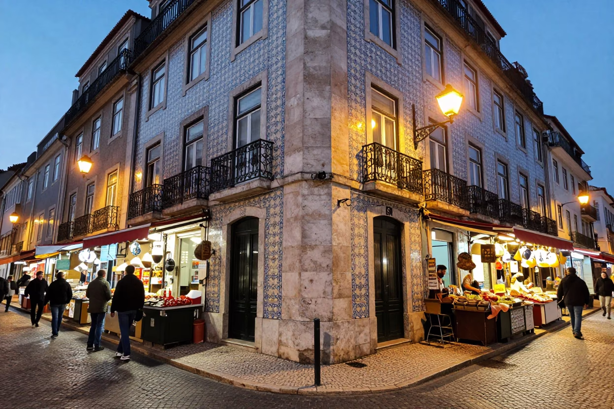 Evening Street Scene in Lisbon Portugal with Tile Details and Market Activity in in Lisbon, Portugal