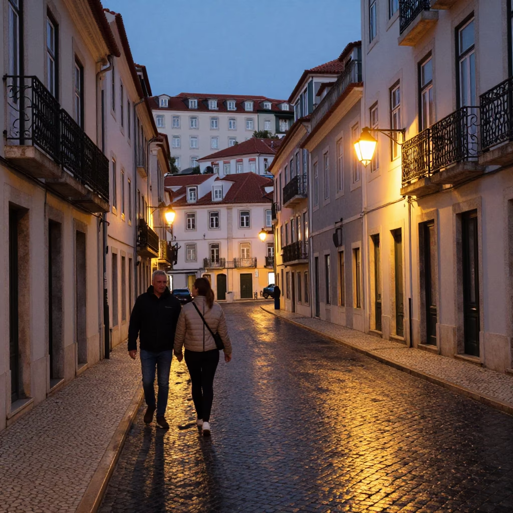 Evening Street Scene in Lisbon Portugal with Traditional Architecture and Local Life in in Lisbon, Portugal