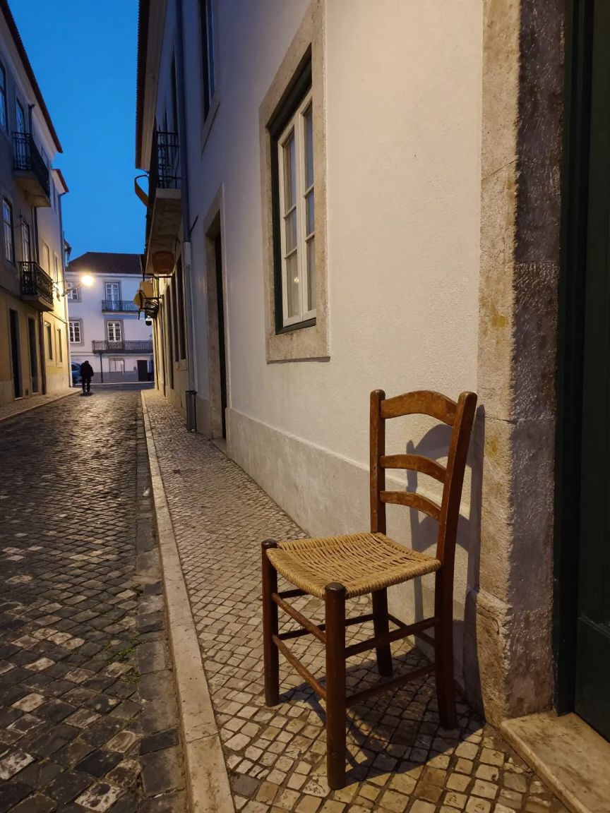 Evening Street Scene in Lisbon Portugal with Traditional Ladder-Back Chair and Brass Shelf in in Lisbon, Portugal