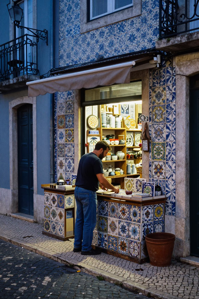 Evening Street Scene in Lisbon Portugal with Traditional Tiles and Local Life in in Lisbon, Portugal