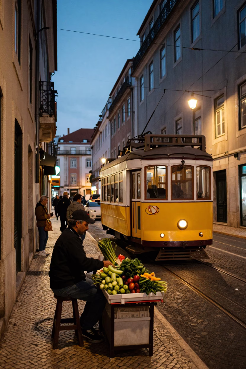 Evening Street Scene in Lisbon Portugal with Tram and City Lights Glowing in in Lisbon, Portugal