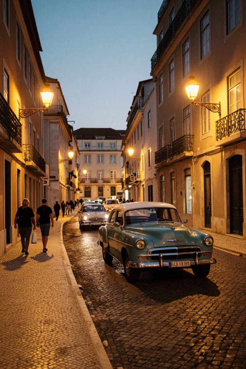Evening Street Scene in Lisbon Portugal with Vintage Car Rally and Traditional Tram in in Lisbon, Portugal