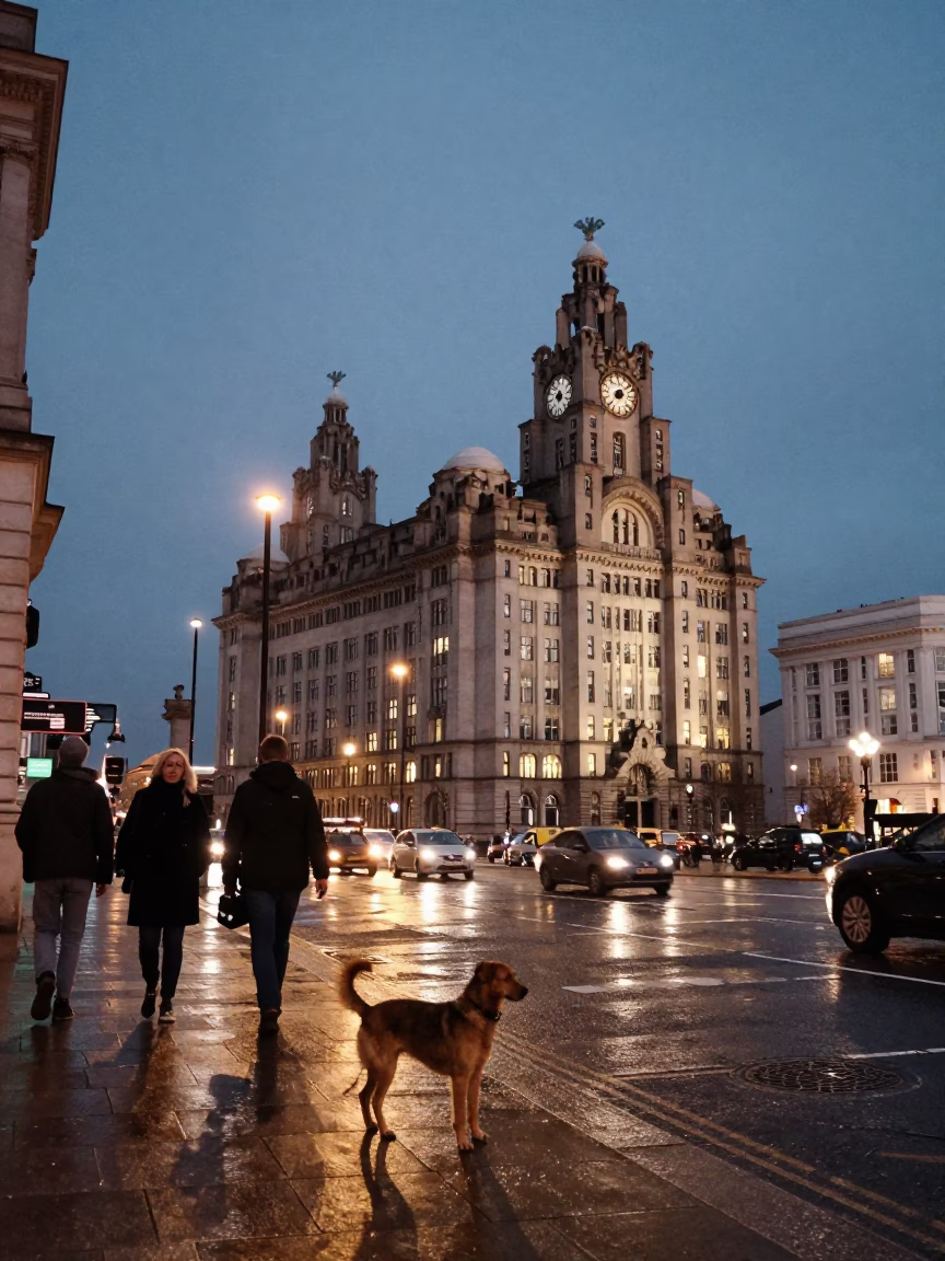 Evening Street Scene in Liverpool UK with Brown Dog and City Lights in in Liverpool, United Kingdom