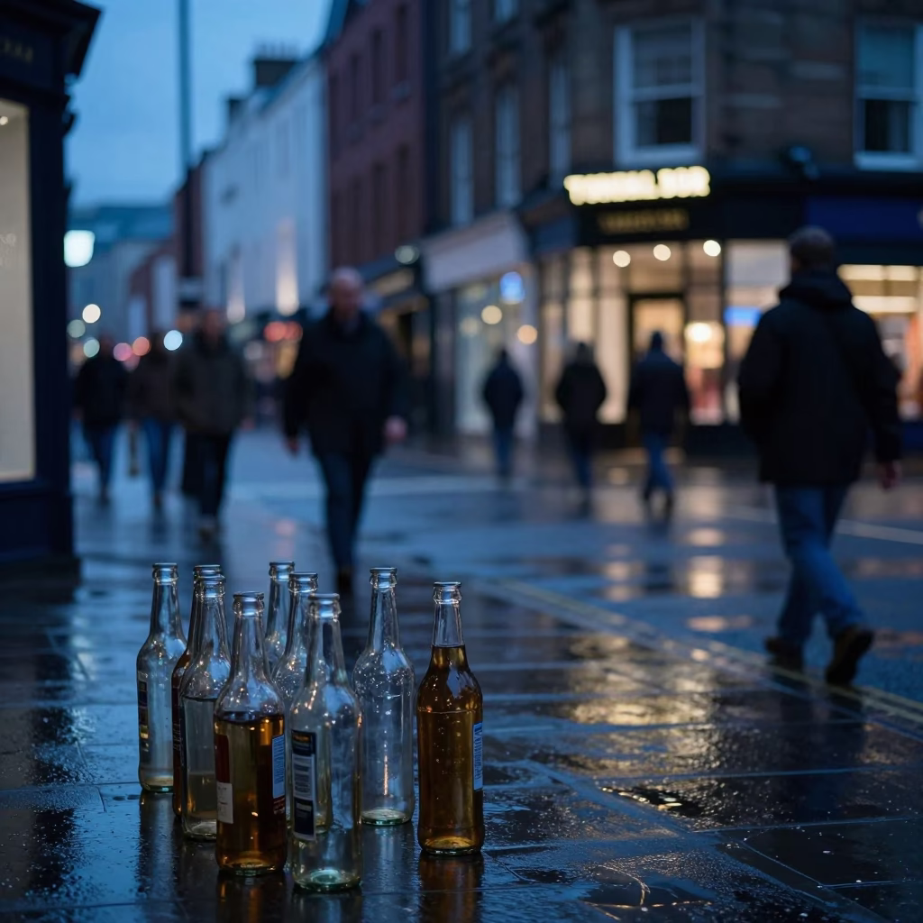 Evening Street Scene in Liverpool UK with Glass Bottles and Local Culture in in Liverpool, United Kingdom