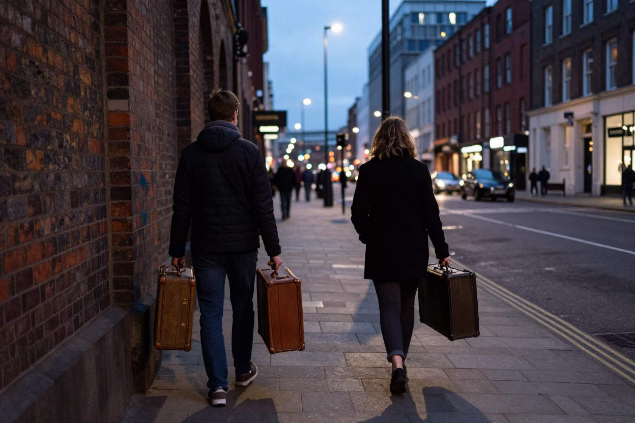 Evening Street Scene in Liverpool UK with Suitcases and City Lights in in Liverpool, United Kingdom