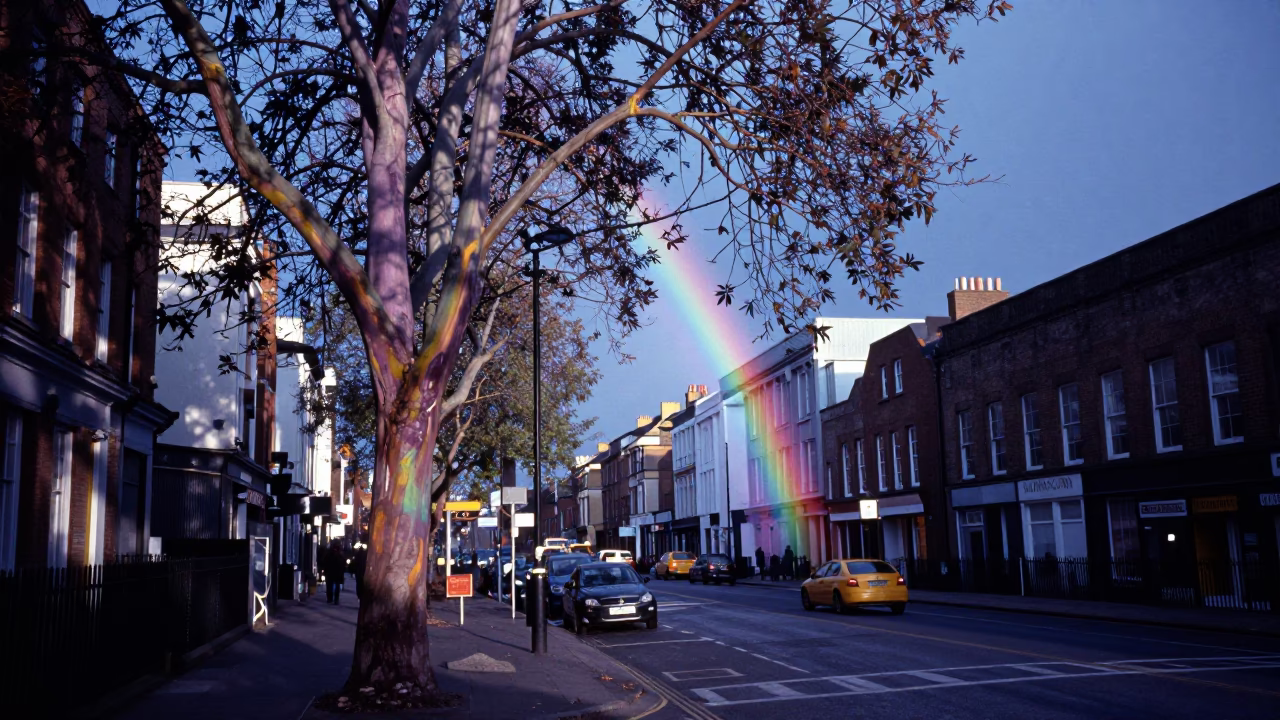 Evening Street Scene in Liverpool United Kingdom with Rainbow Eucalyptus and Urban Details in in Liverpool, United Kingdom