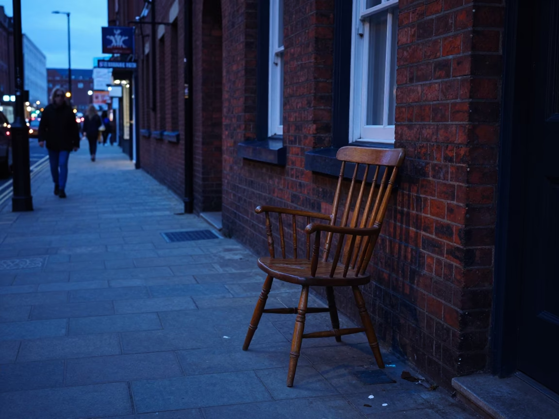 Evening Street Scene in Liverpool United Kingdom with Spindle Chair and Urban Details in in Liverpool, United Kingdom